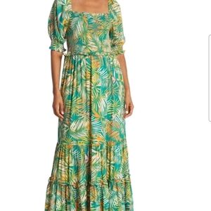 Betsey Johnson Tropical Palm Print Smocked Maxi Dress Green Small Resort Boho